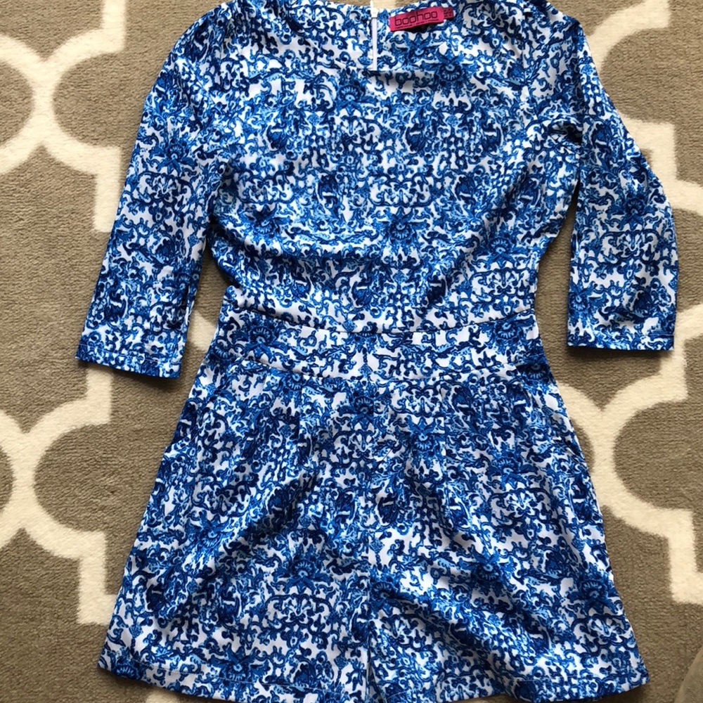 Blue and white print romper